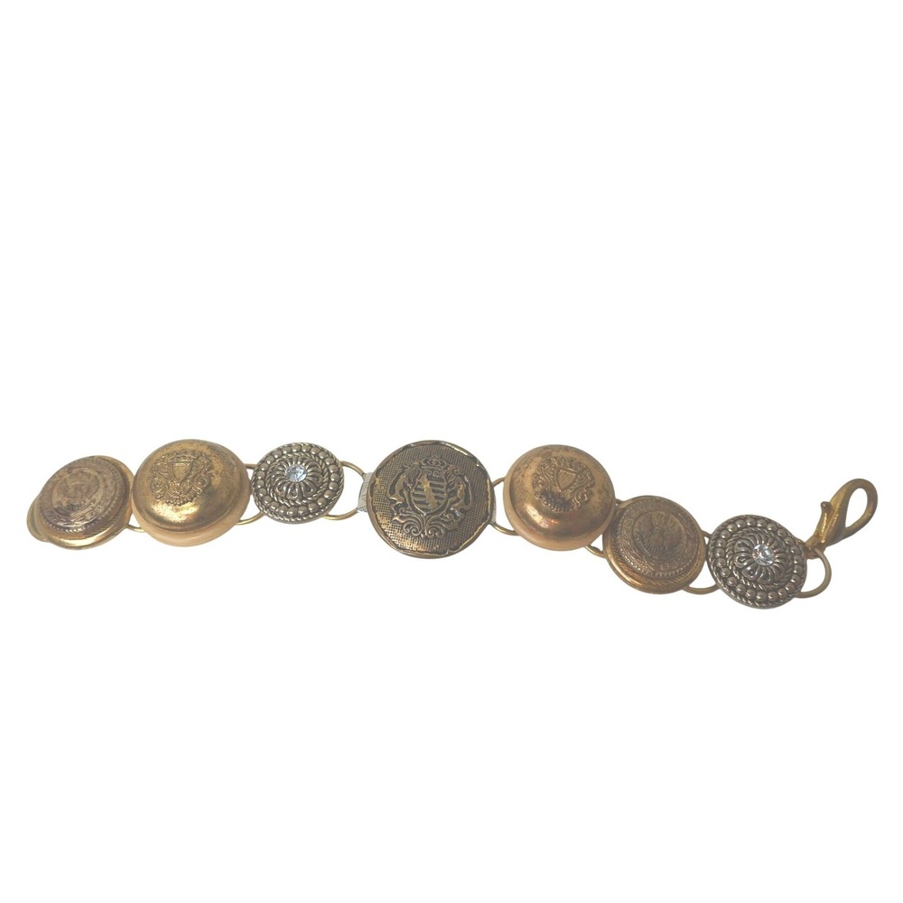 Vintage Button Bracelet Brass Bronze Gold-tone Ornate Chunky Maximalist Jewelry